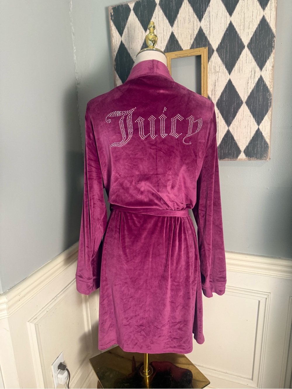 Juicy Couture Plush Velour Robe in Deep Fuchsia with Rhinestone 'Juicy' Back